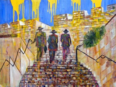5 Suns of Israel - Original Cityscape & Stairwell Artwork by Ronit Galazan at RonitGallery