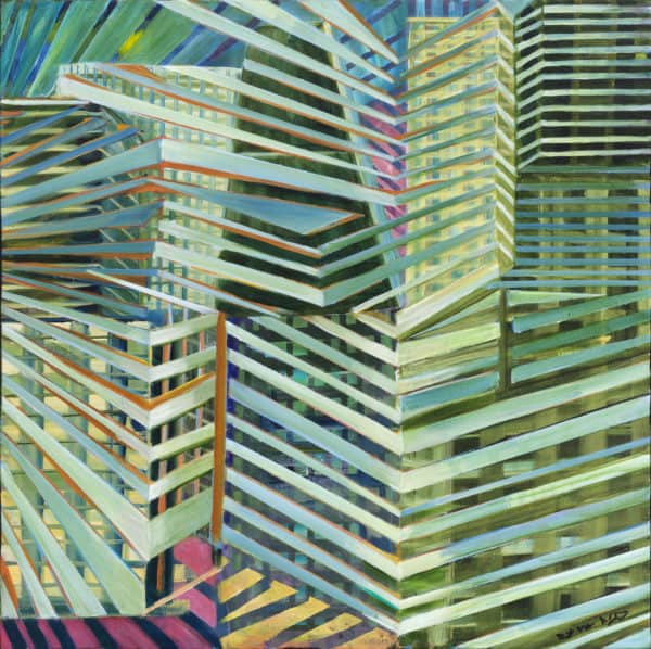 City Limits in Green - Original Cityscape & Stairwell Artwork by Ronit Galazan at RonitGallery