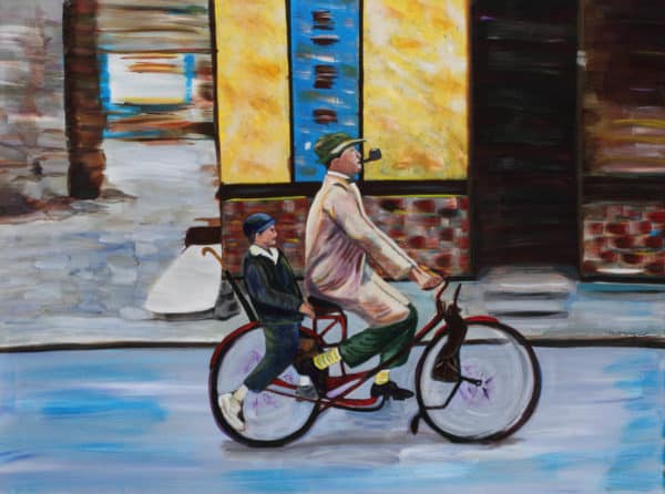 Jacque Tati - Bicycle - Original Cityscape & Stairwell Artwork by Ronit Galazan at RonitGallery
