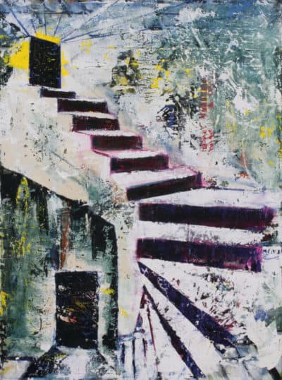 Purple Stairs I - Original Cityscape & Stairwell Artwork by Ronit Galazan at RonitGallery