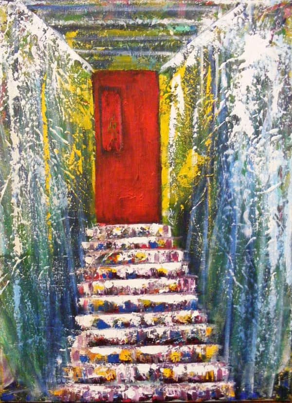 Red Door I - Original Cityscape & Stairwell Artwork by Ronit Galazan at RonitGallery