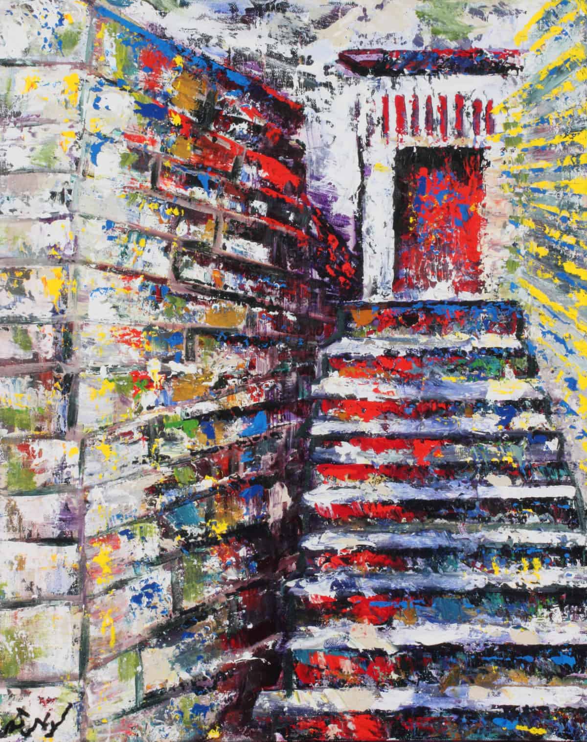Red Door III - Original Cityscape & Stairwell Artwork by Ronit Galazan at RonitGallery