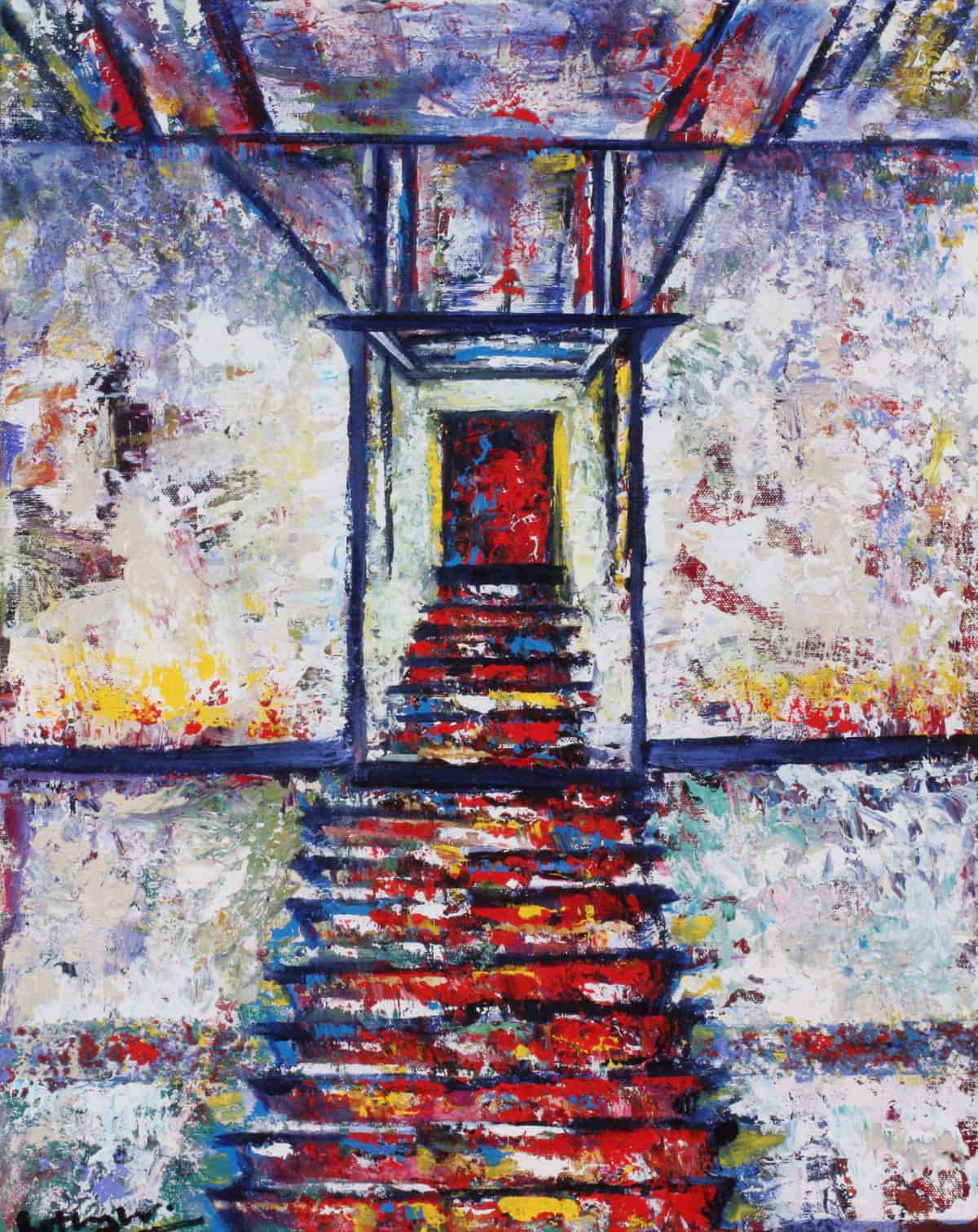 Red Door IV - Original Cityscape & Stairwell Artwork by Ronit Galazan at RonitGallery