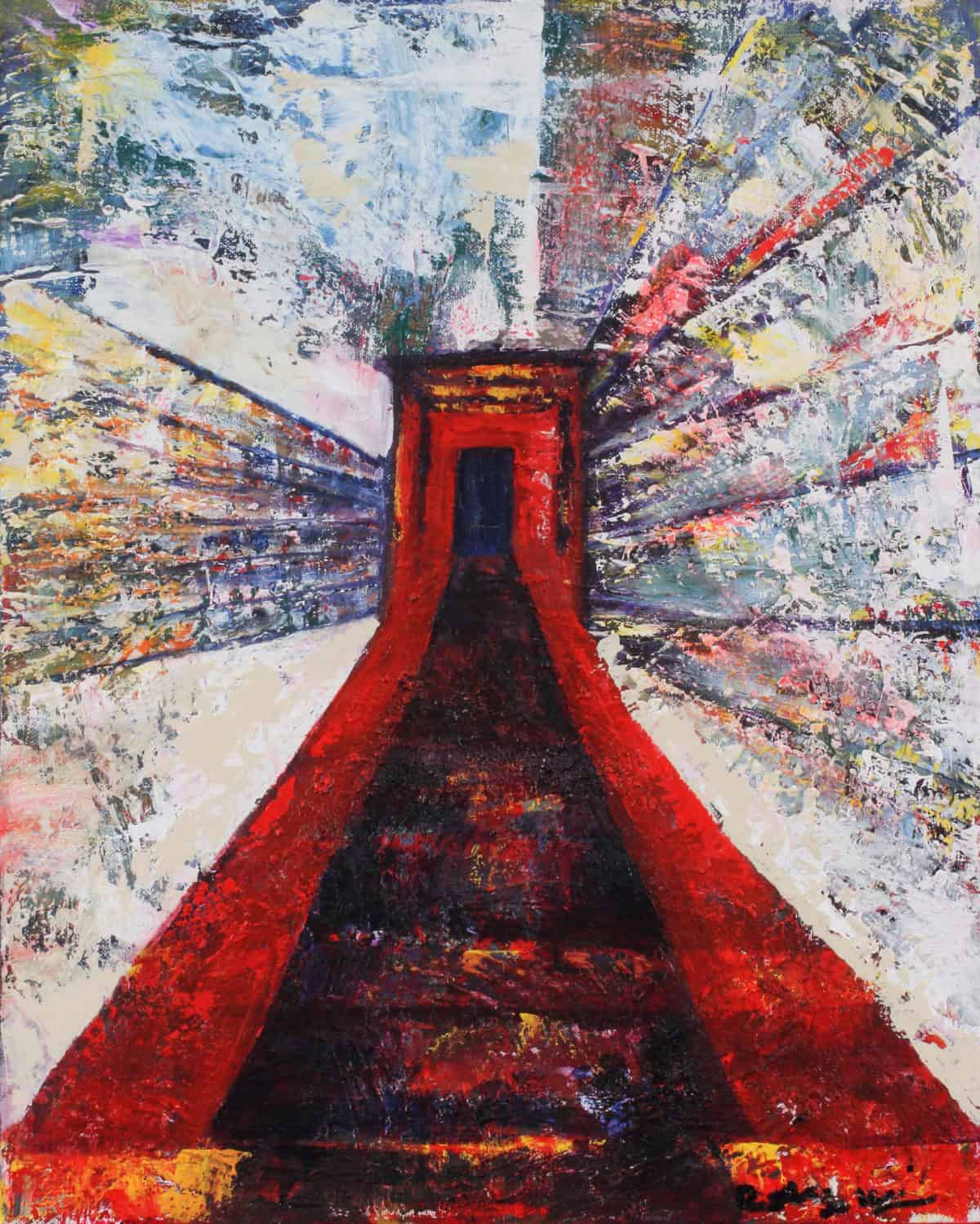 Red Door with Stairs - Original Cityscape & Stairwell Artwork by Ronit Galazan at RonitGallery