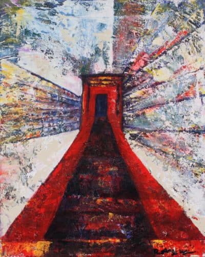 Red Door with Stairs - Original Cityscape & Stairwell Artwork by Ronit Galazan at RonitGallery