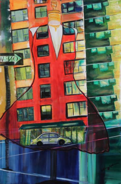 Red Dress - Original Cityscape & Stairwell Artwork by Ronit Galazan at RonitGallery